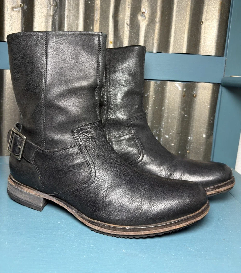 Cole Haan Mens Black Leather Engineer Moto Boots Size 11 M Zip Buckle Orig $300
